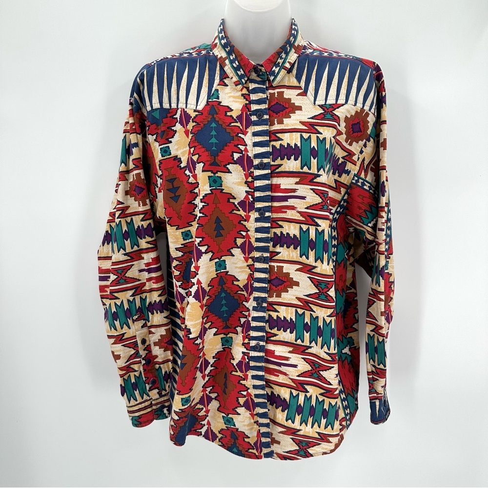 VTG Rockies Shirt Womens L Southwestern Print Rodeo Cowboy Button Up Western Top